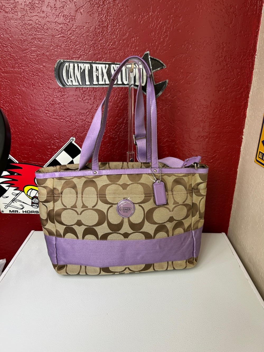 Coach Khaki Signature Tote diaper bag  with Lavender Trim - Picture 2 of 16